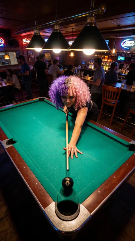 AI Carousel Generator 8-Ball Strike Pool example: atmospheric player portrait