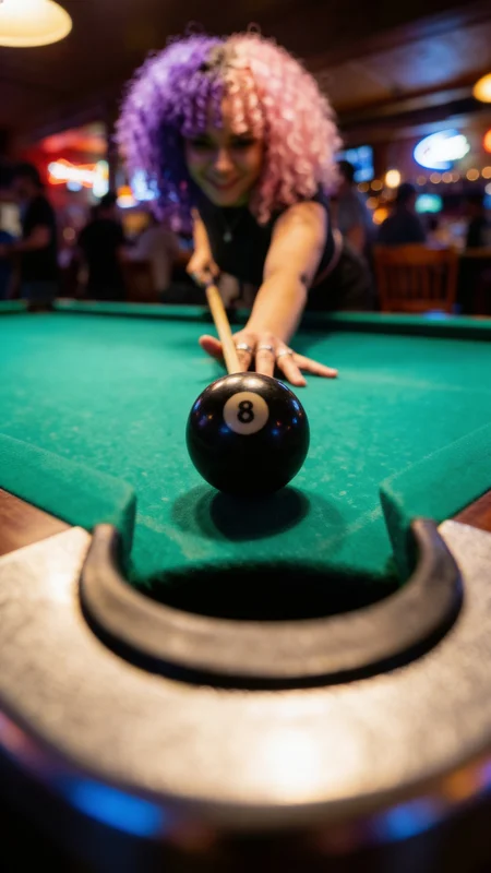 AI Carousel Generator 8-Ball Strike Pool style sample: kinetic stillness