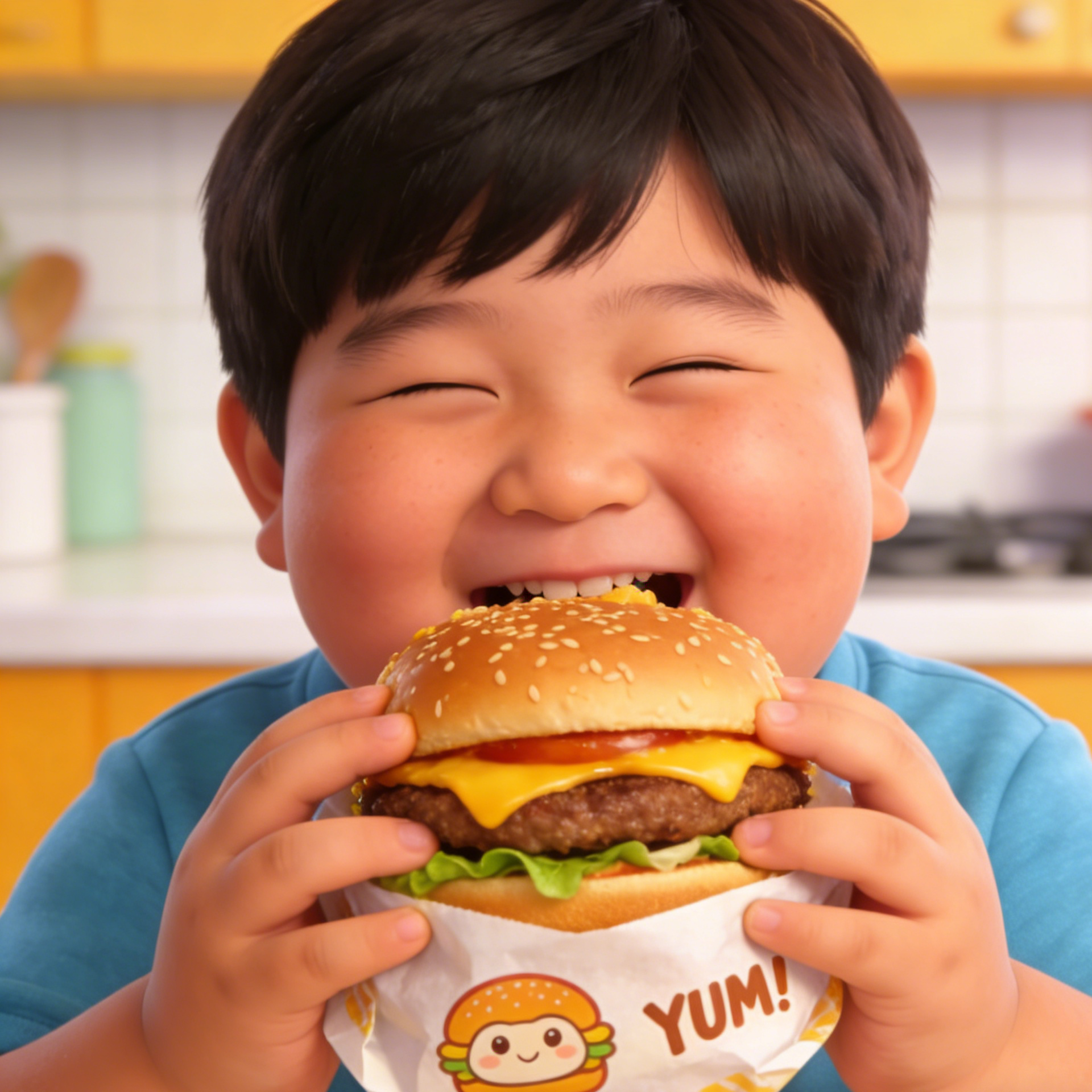 A cheerful comic-style child holding a cheeseburger in a bright kitchen