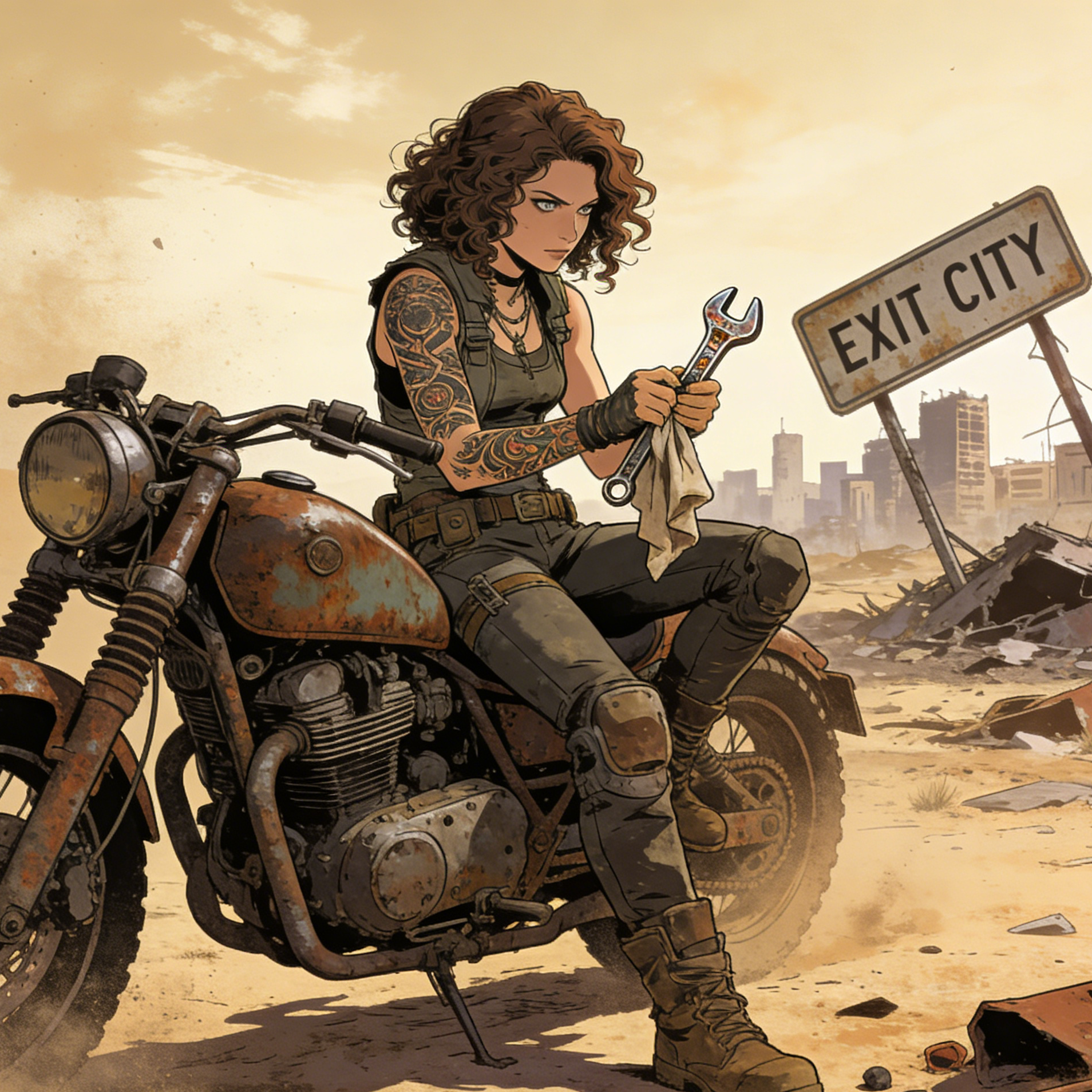A tattooed mechanic sitting on a motorcycle near an Exit City sign in comic style