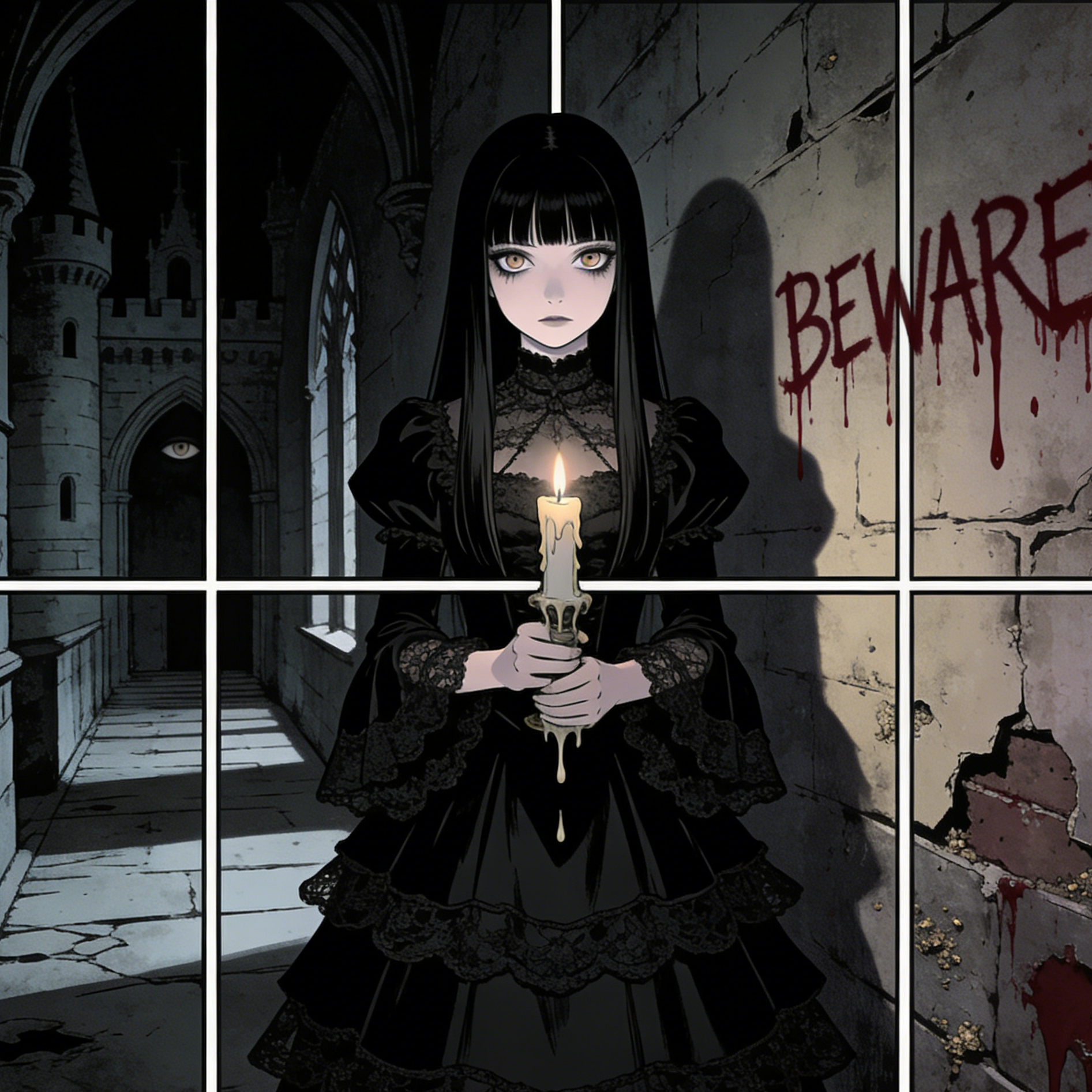 A gothic girl holding a candle in a haunted corridor with Beware written on the wall