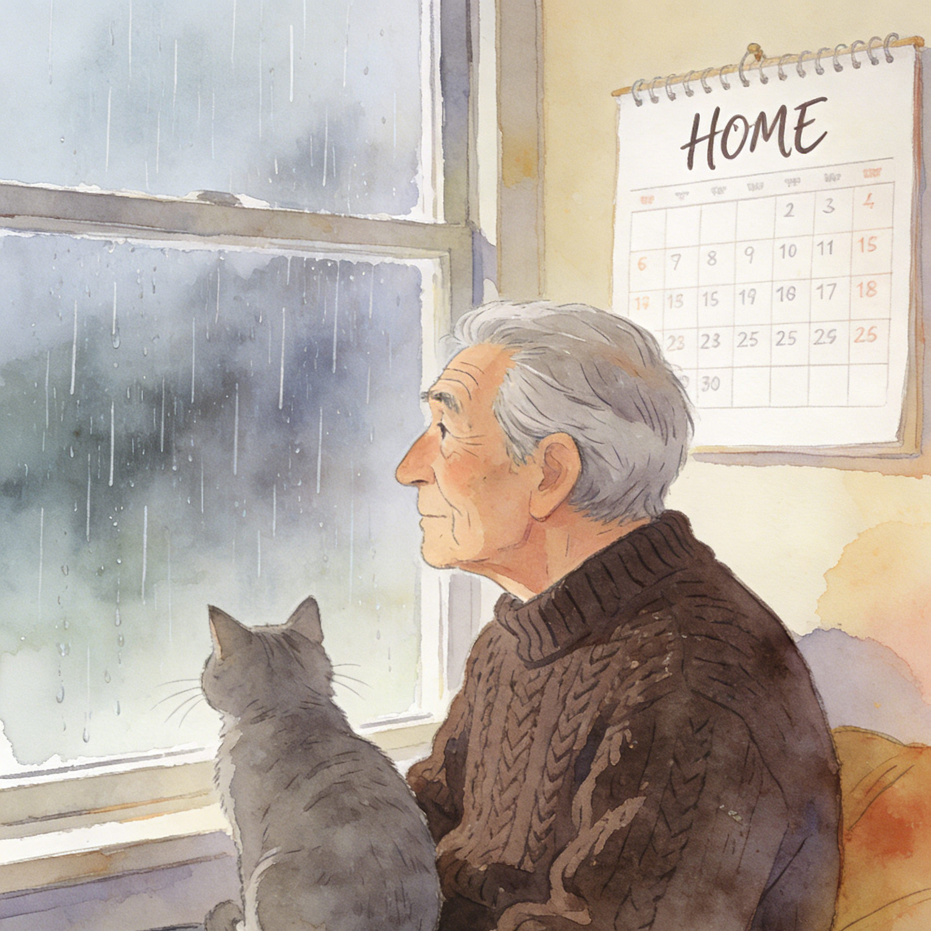 An elderly man and a cat looking out a rainy window in a watercolor comic scene
