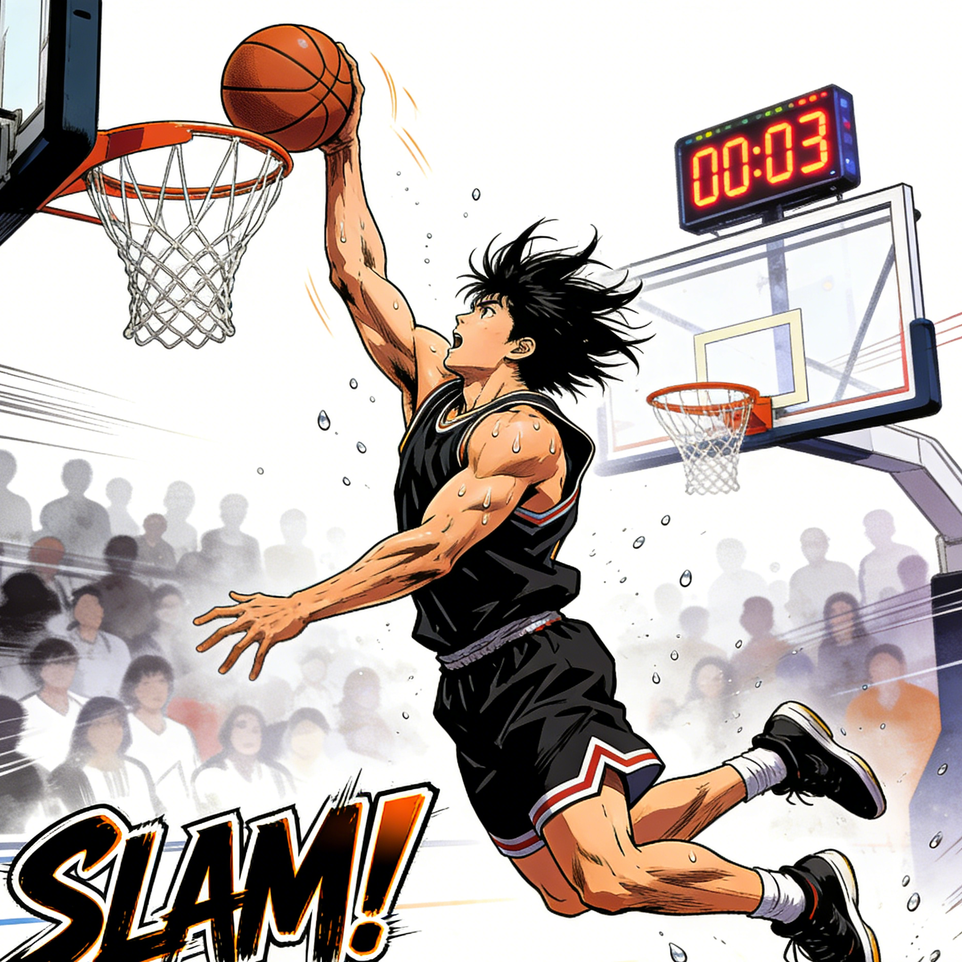 A comic basketball player mid-dunk with a slam sound effect and game clock
