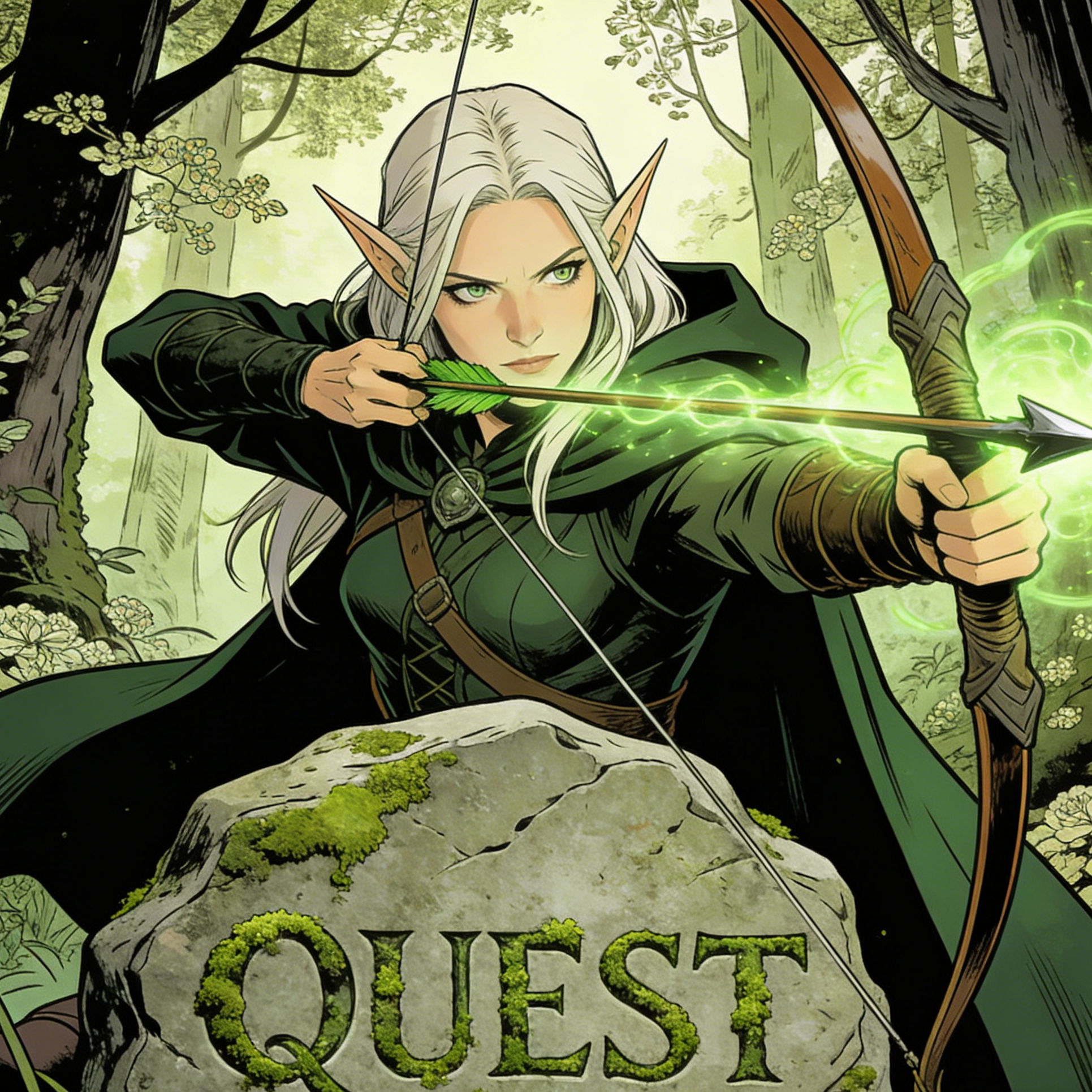 A fantasy elf archer aiming a glowing arrow in an illustrated quest scene