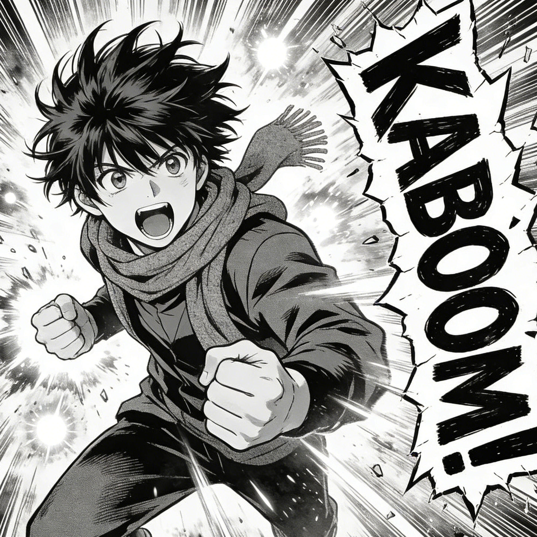 A manga-style boy charging forward with explosive speed lines and a comic sound effect