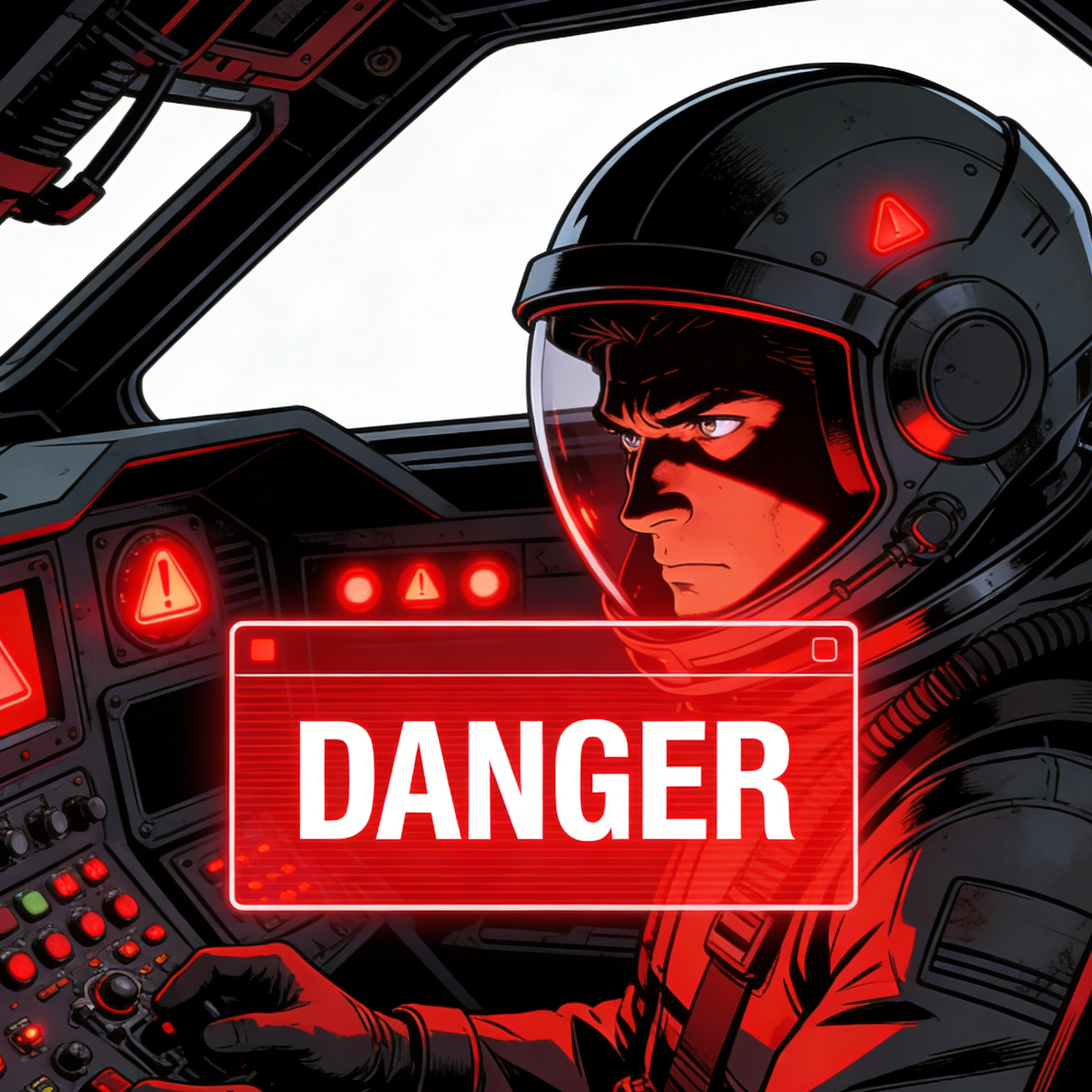 A comic-book pilot in a cockpit with a large red danger warning display