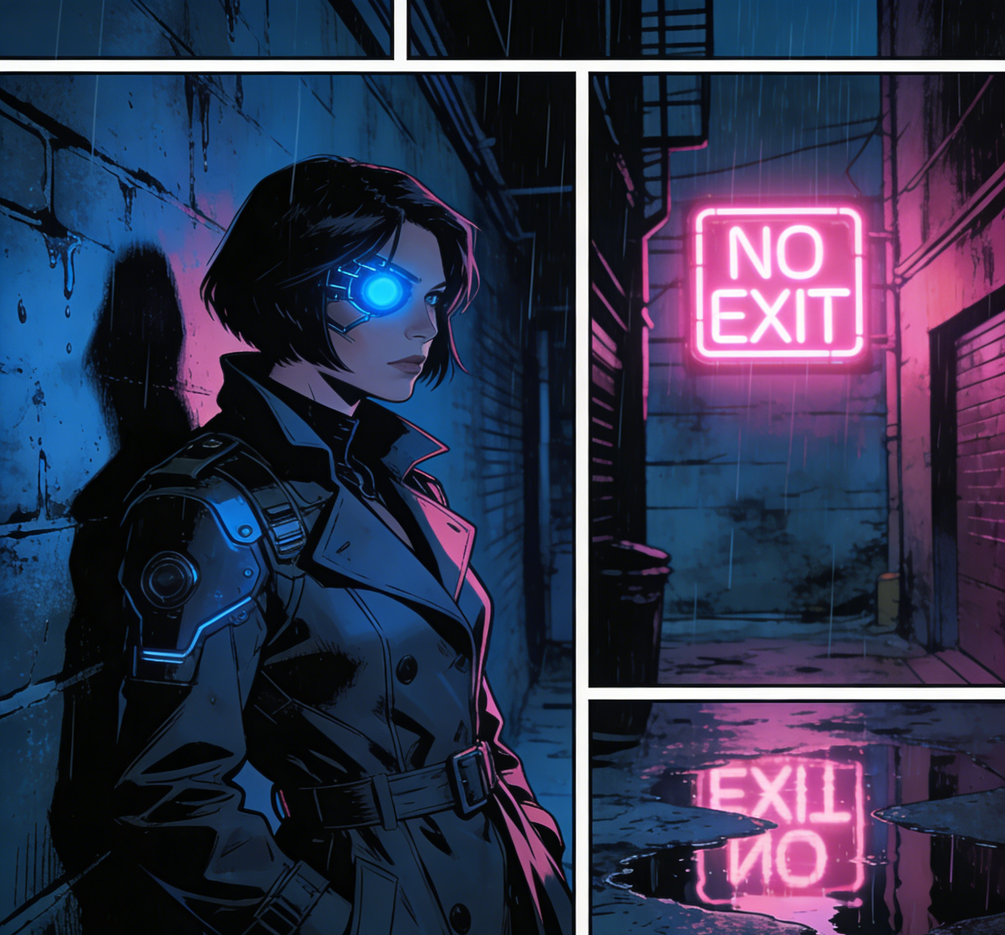 A cyberpunk detective with a glowing eye standing in a rainy alley comic panel