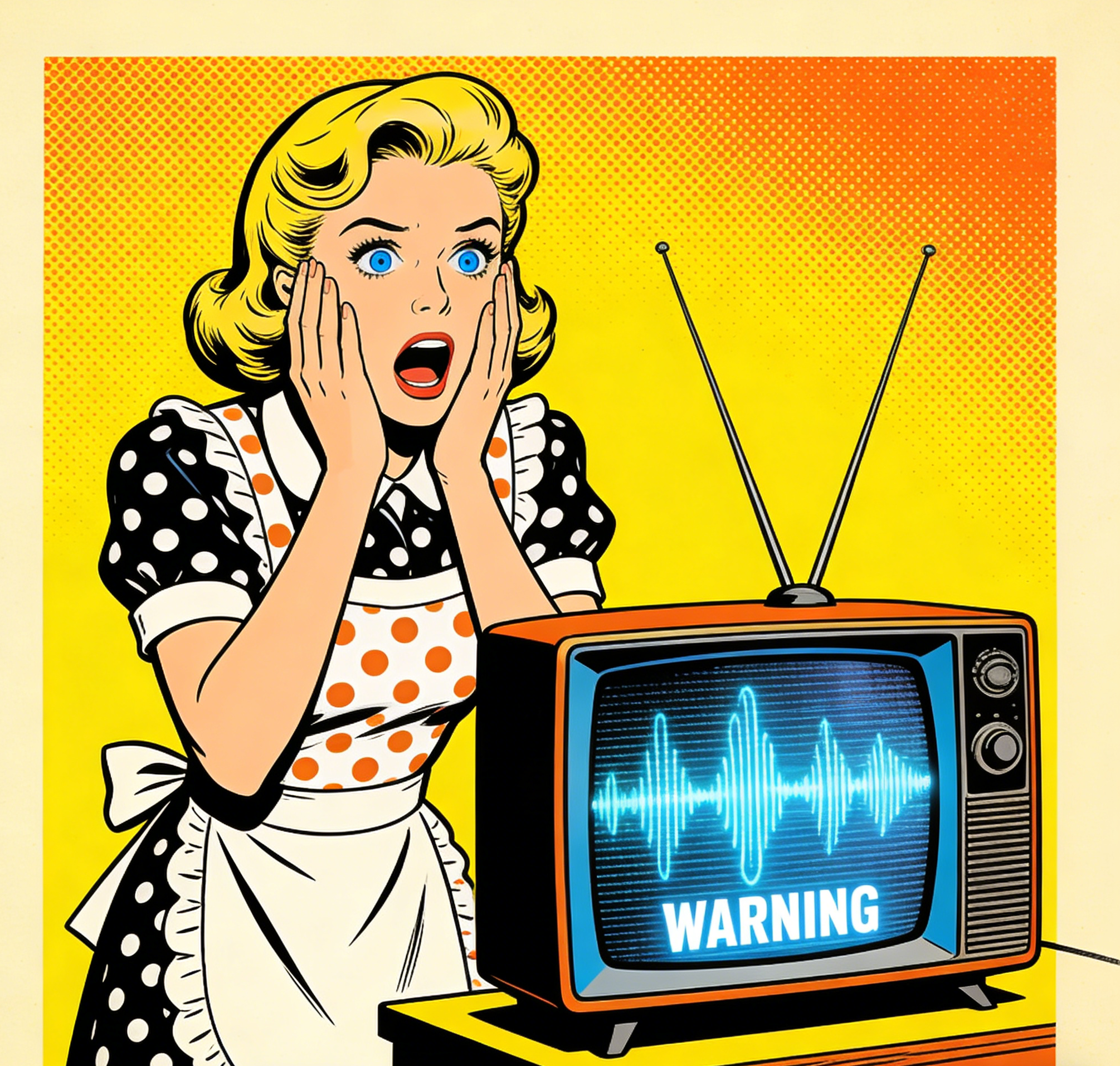 A retro pop-art woman reacting to a television warning in bright comic colors