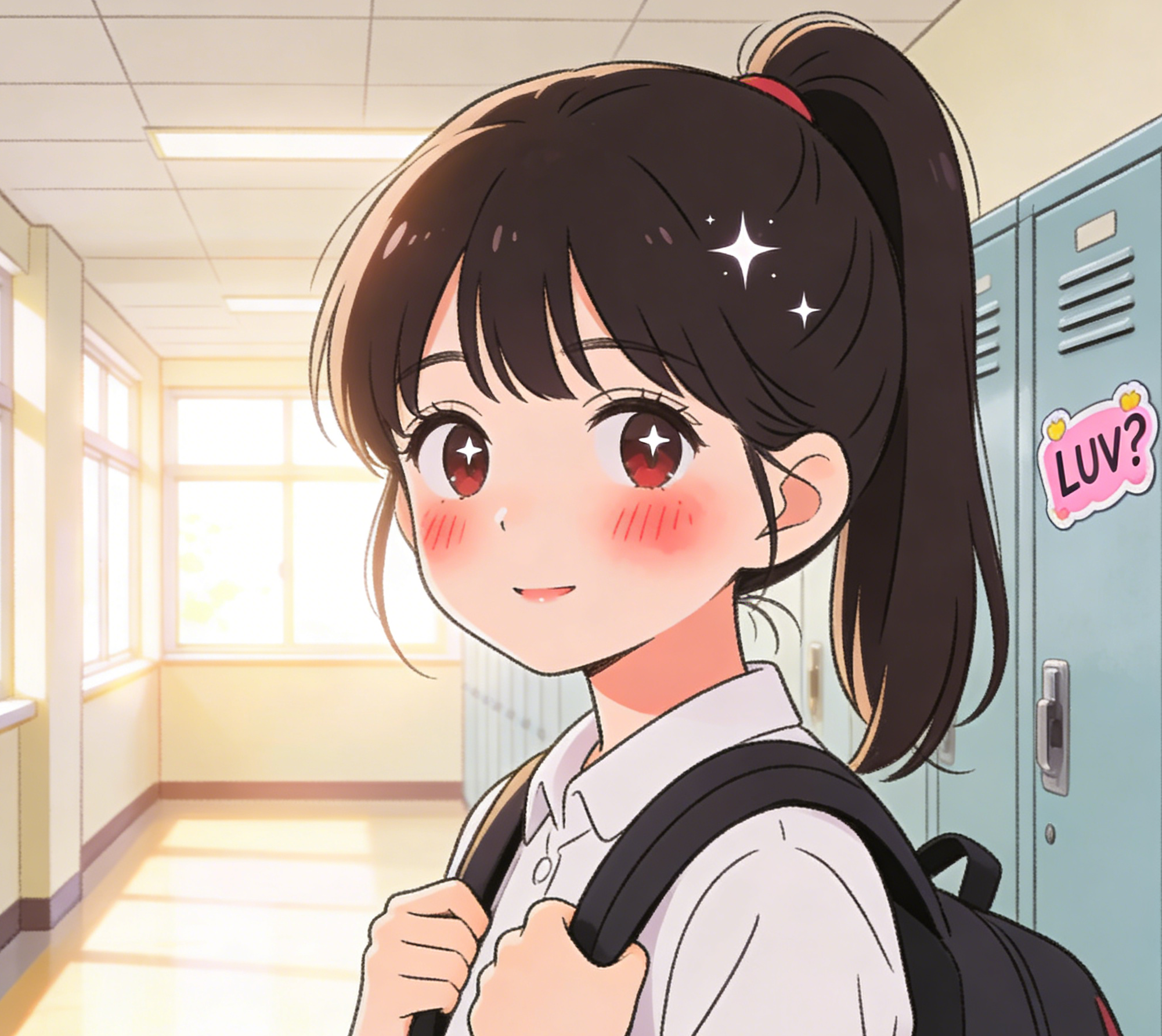 A shojo-style schoolgirl portrait in a bright hallway with sparkling comic detail