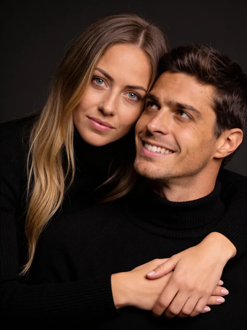 AI couple photoshoot with dramatic lighting