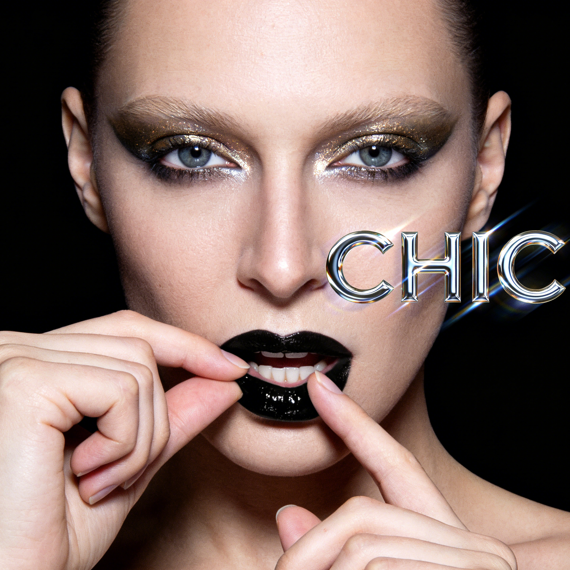 An androgynous fashion model with black lipstick and CHIC text