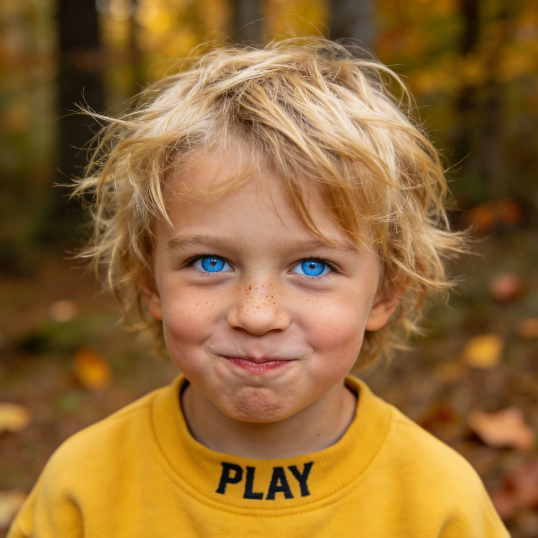 A freckled Nordic boy in a PLAY hoodie suppressing a laugh