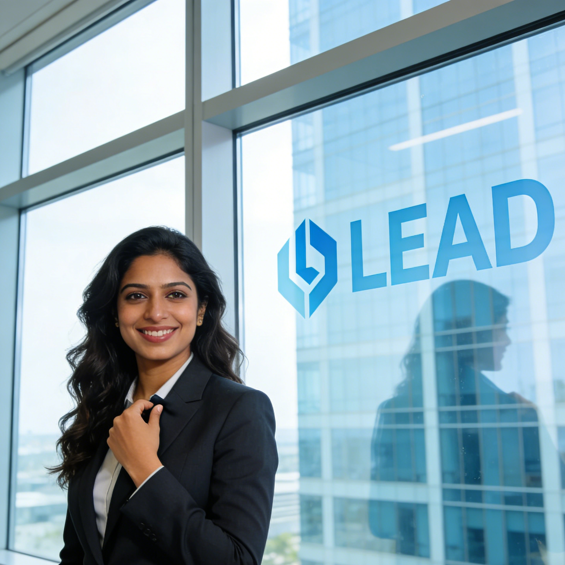 A professional Indian woman smiling near a LEAD window reflection