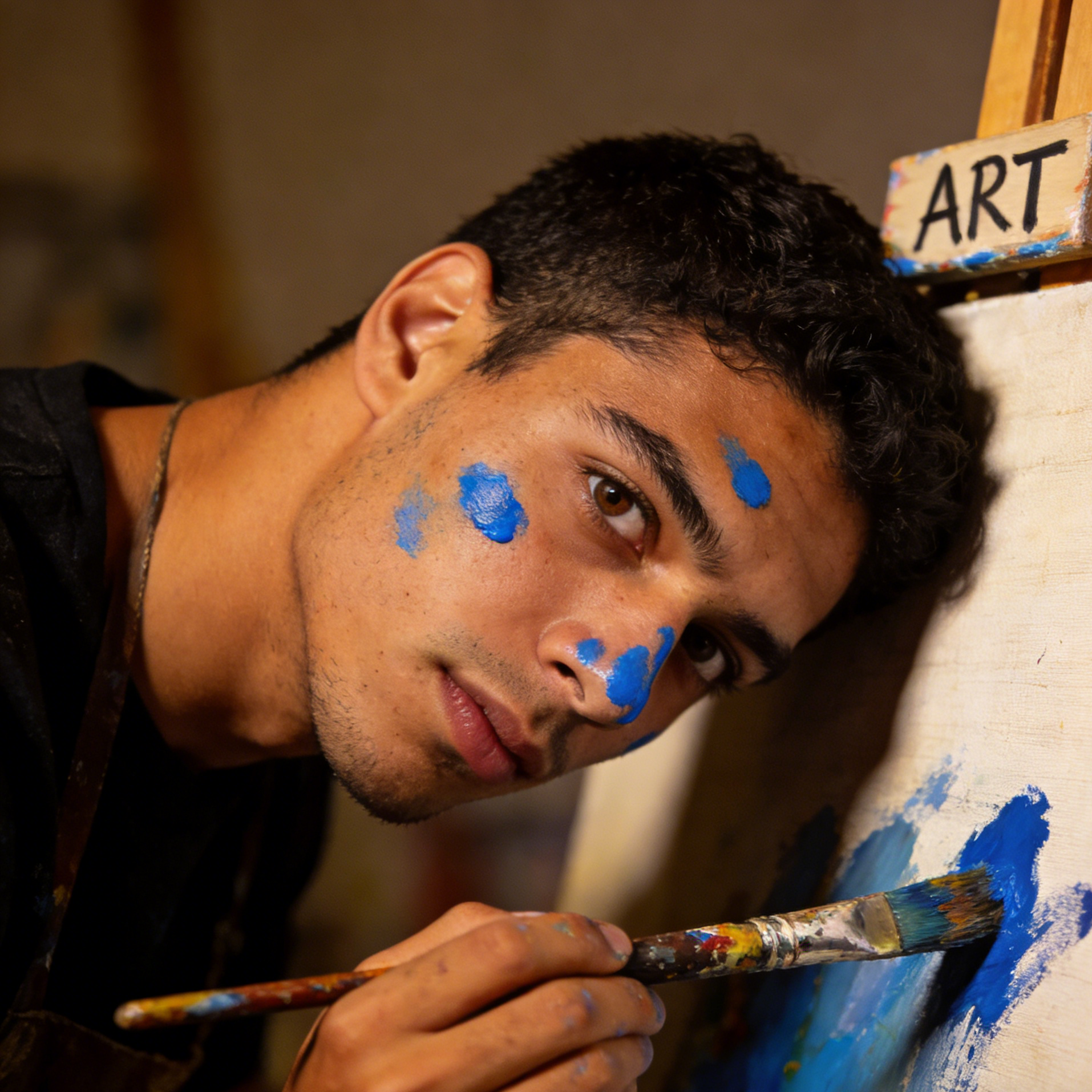 A Latino artist with paint on his face holding an ART brush