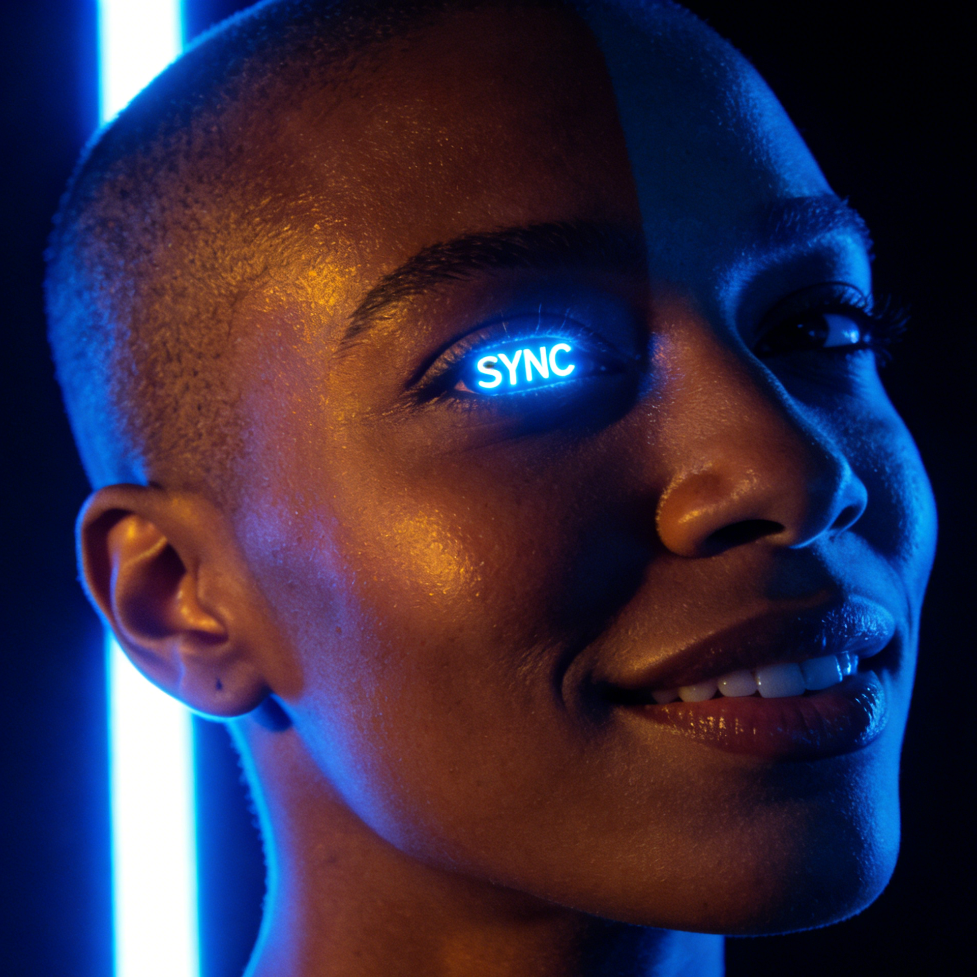 A cyberpunk woman with SYNC reflected in her eyes