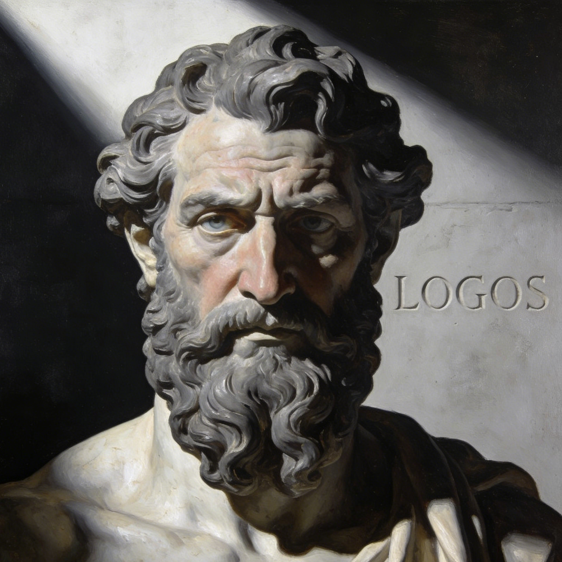 A philosophical man with a grey beard near a LOGOS carving