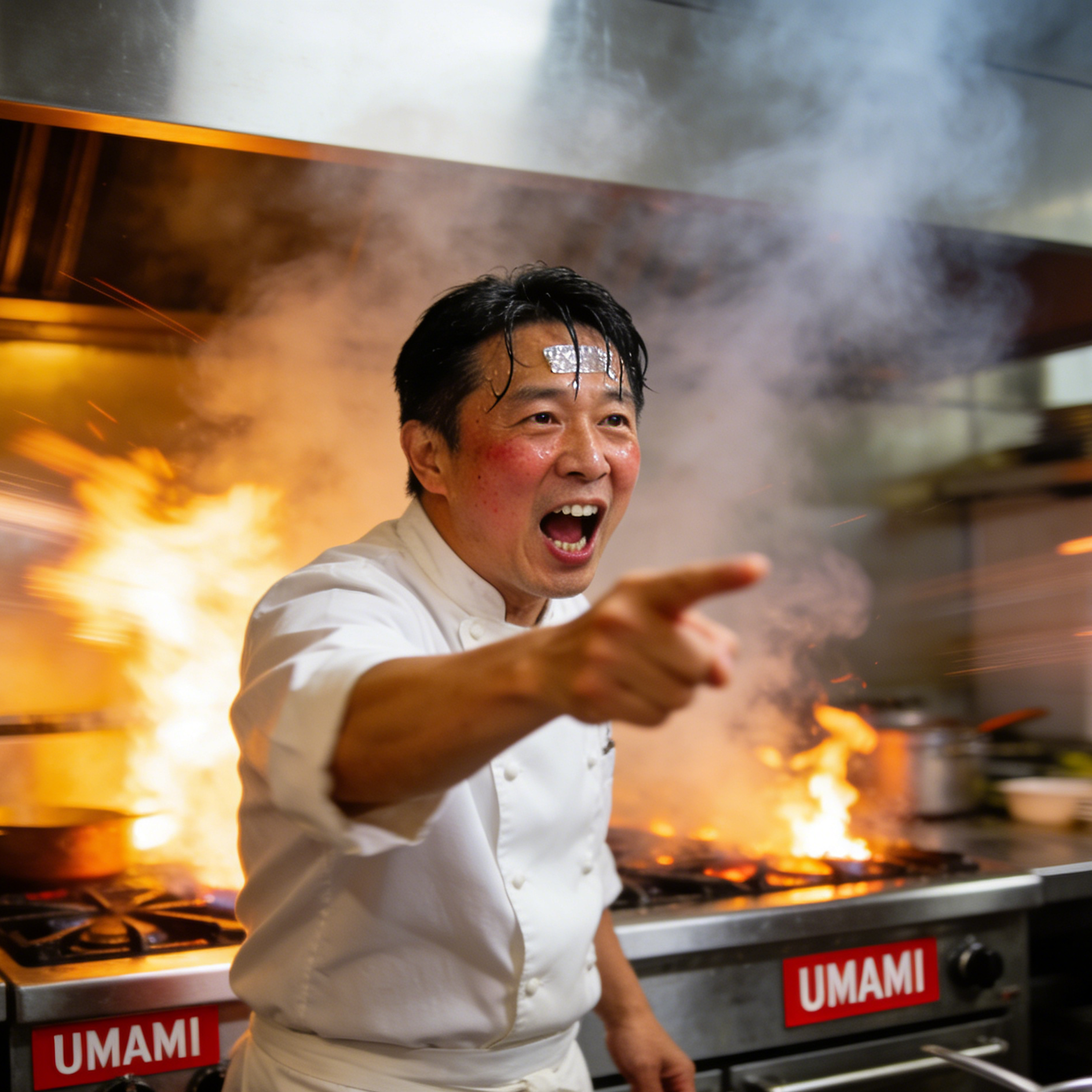A sweating East Asian chef shouting near an UMAMI label