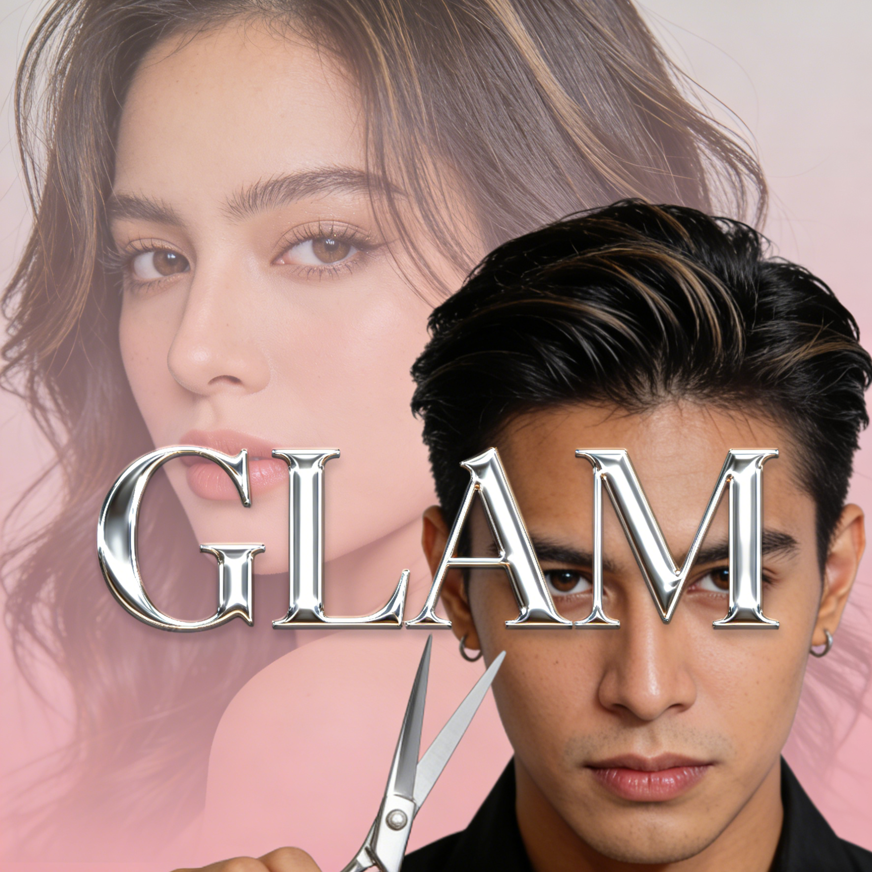 스타일리스트와 GLAM 메탈릭 텍스트가 돋보이는 **Seedance** 미용실 전단지