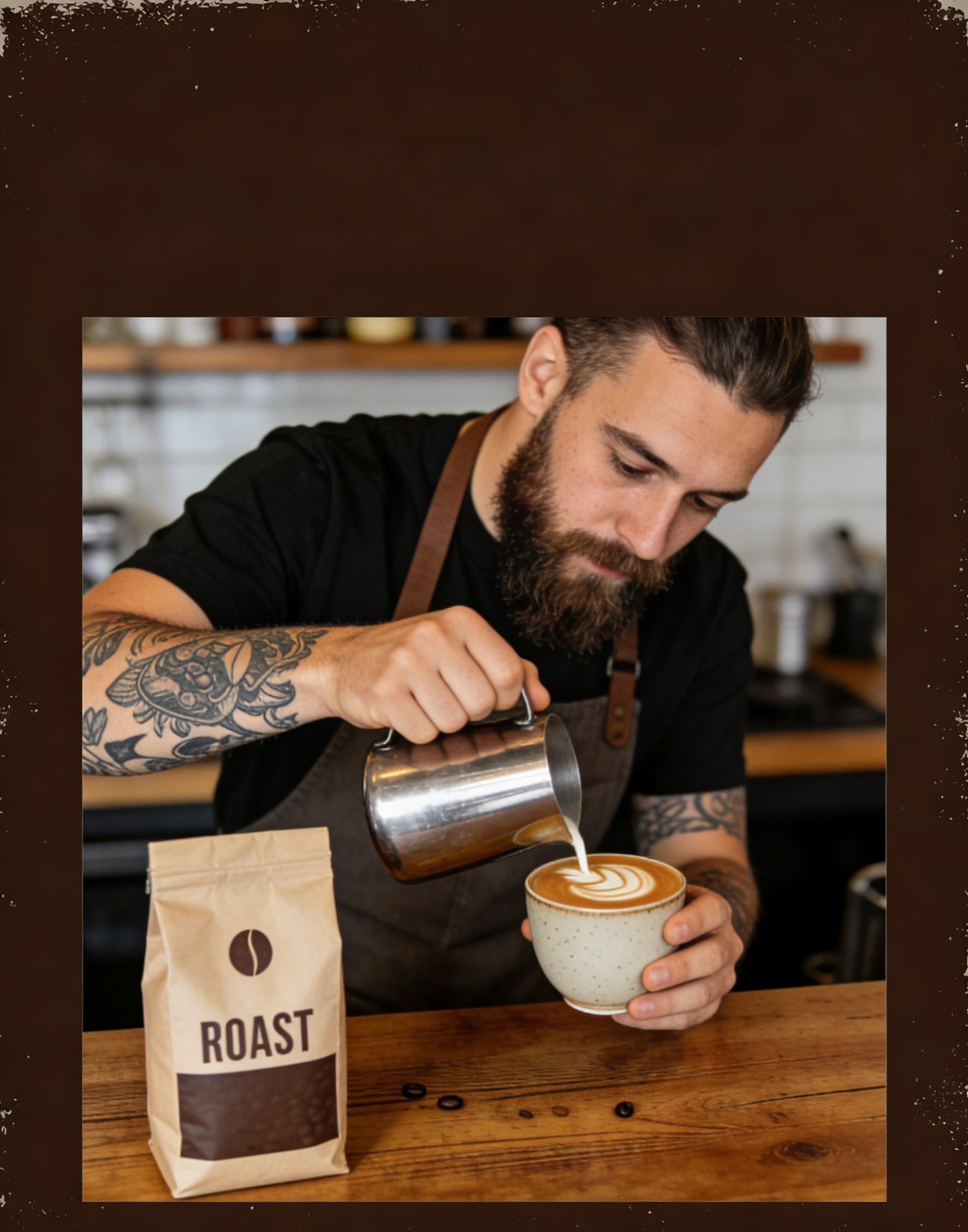 바리스타와 ROAST 커피 브랜딩이 있는 커피숍 전단지
