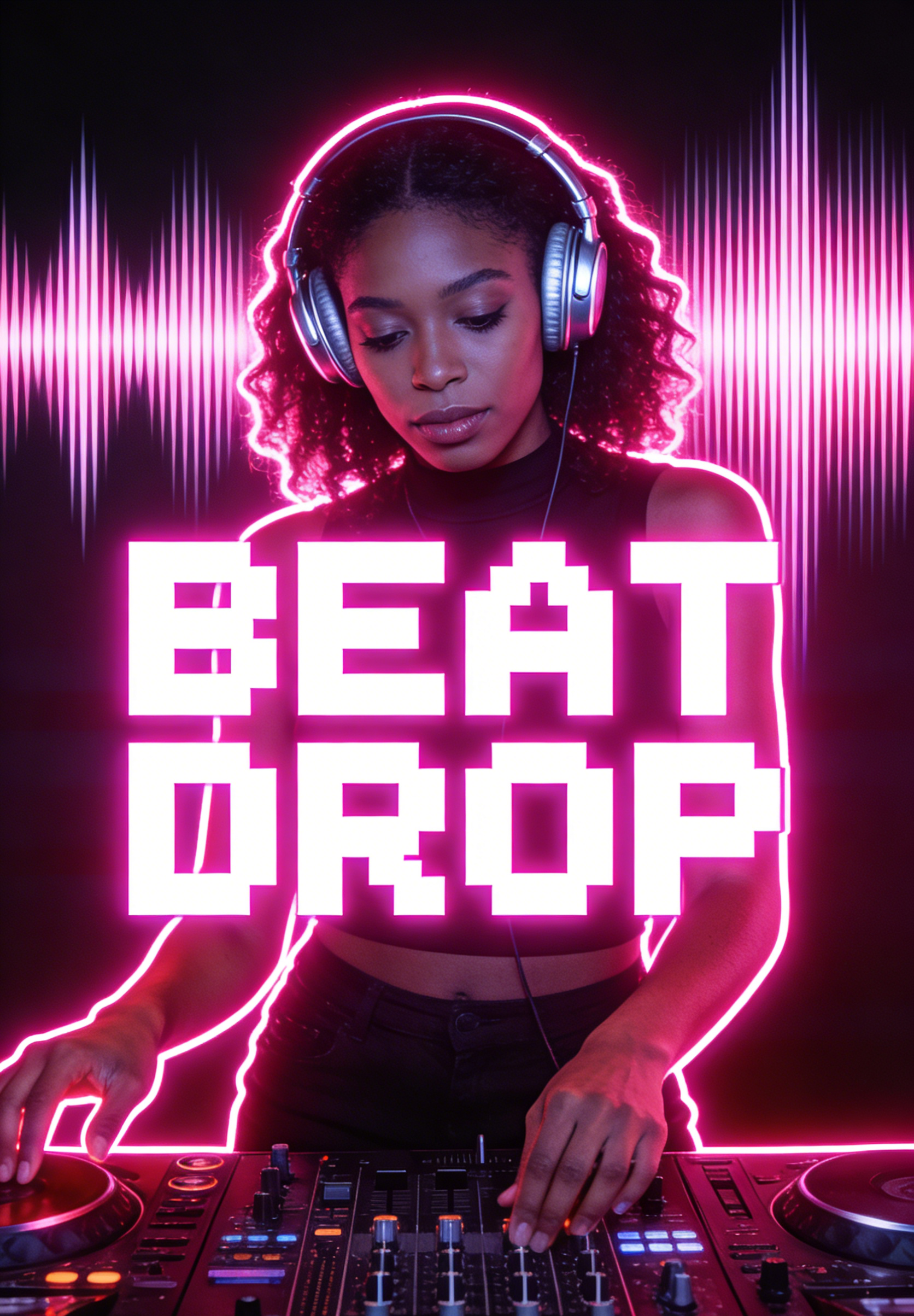 DJ와 비트 드롭(BEAT DROP) 네온 텍스트가 돋보이는 활기찬 파티 전단지