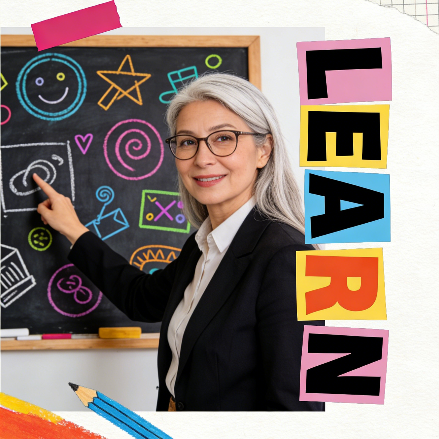 선생님과 예술적인 '배움' 텍스트가 있는 교육 전단지