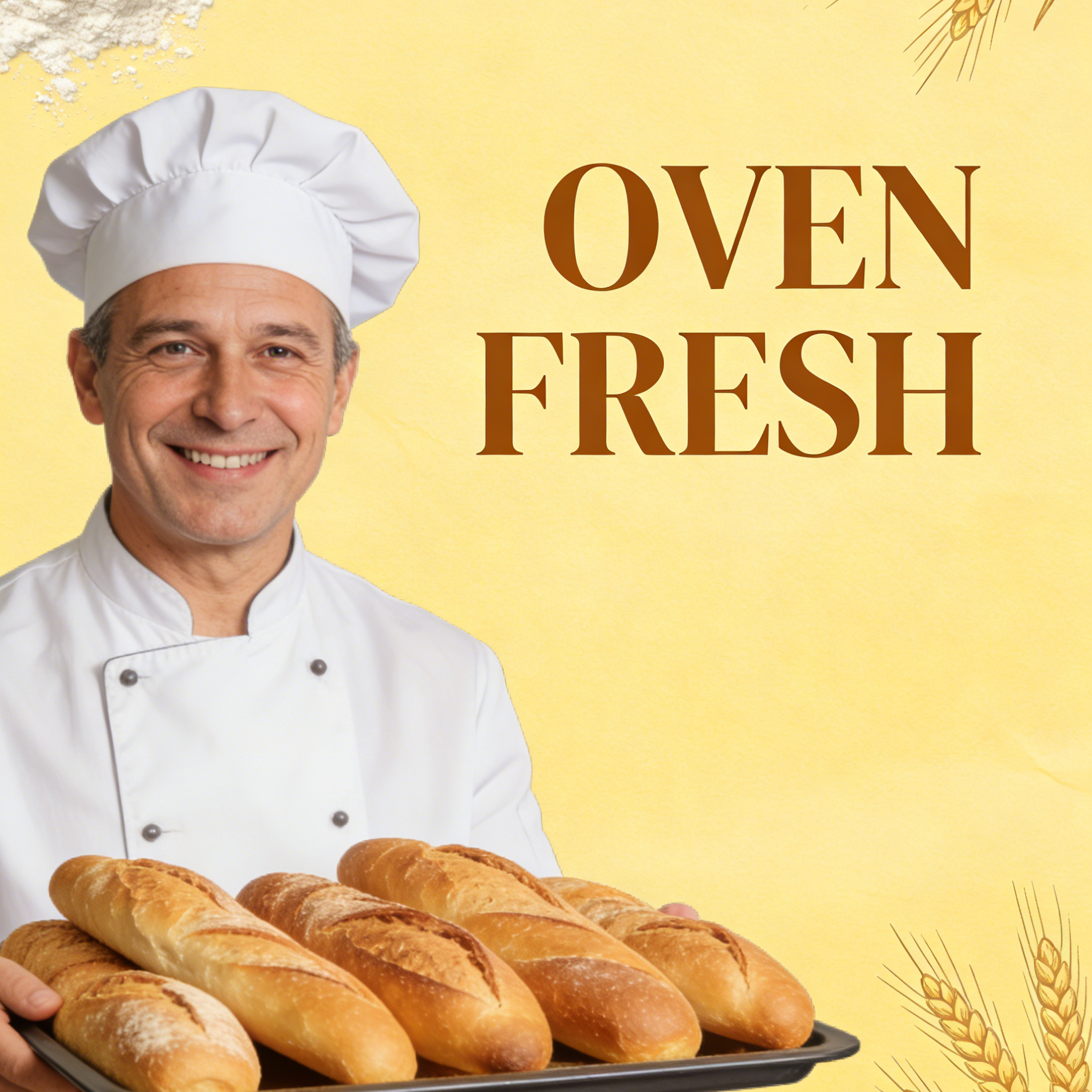 제빵사와 OVEN FRESH 브랜딩이 담긴 빵집 개업 전단지