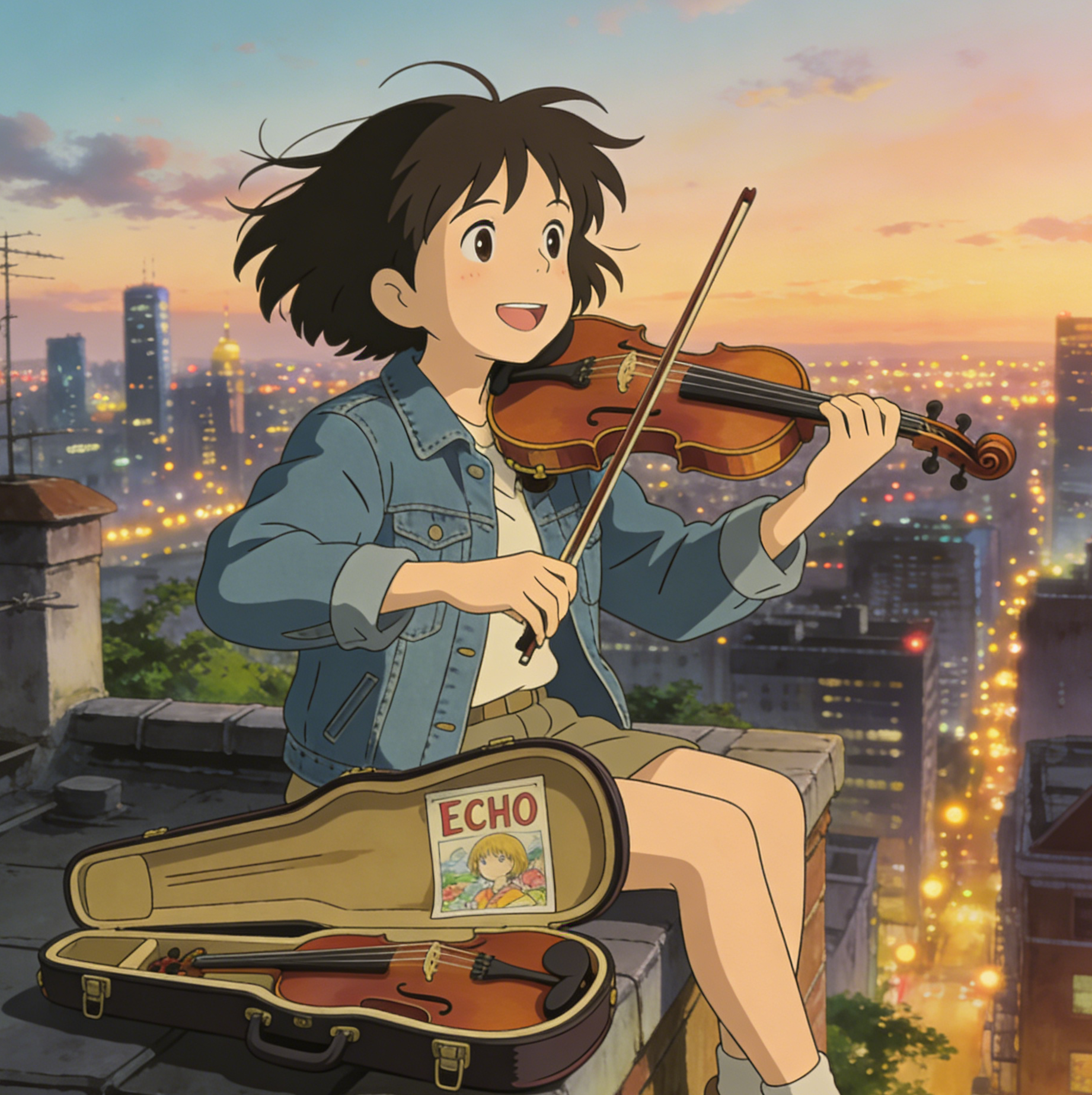 옥상에서 바이올린을 켜는 소녀와 에코 포스터