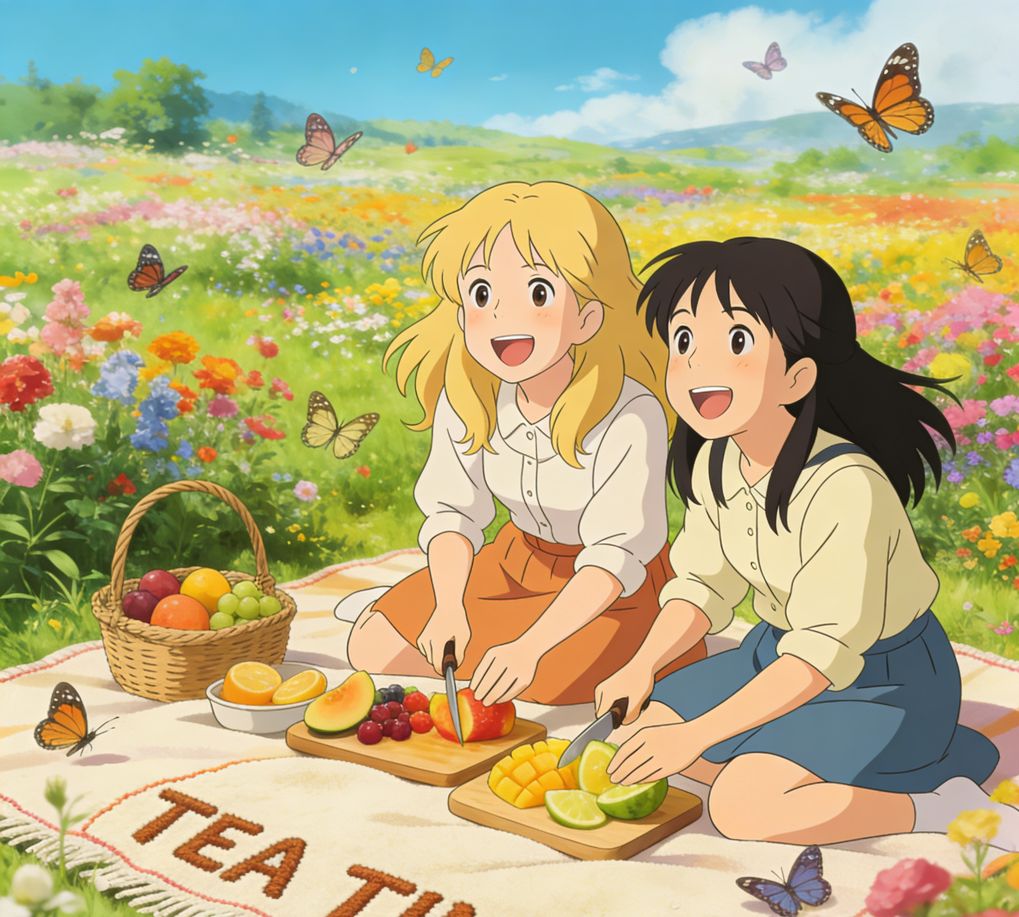 활기찬 꽃밭에서 티타임을 즐기는 두 친구