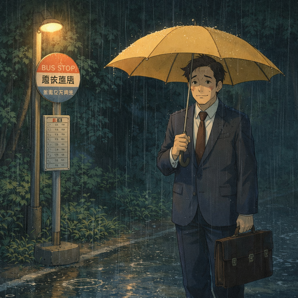 비 오는 날 버스 정류장에서 노란 우산을 쓴 남자가 기다리고 있습니다.