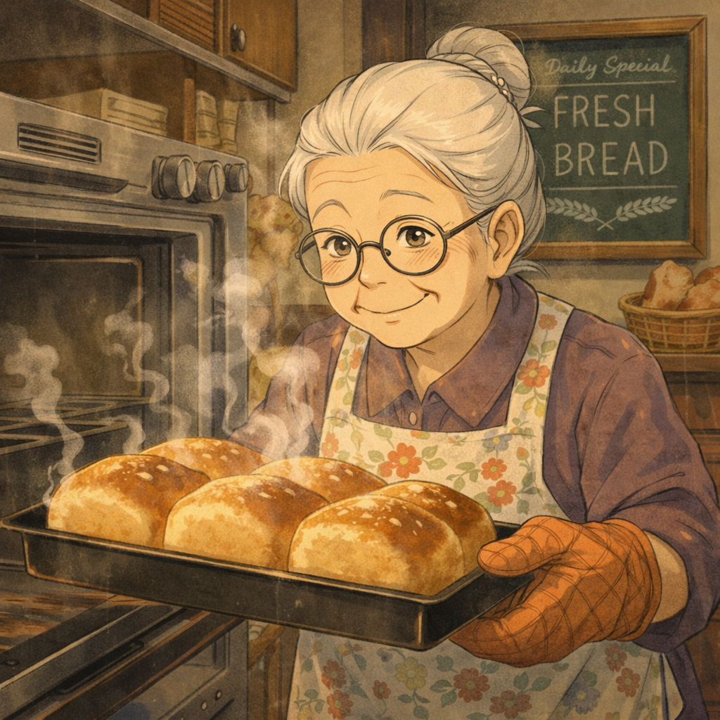 아늑한 지브리 주방에서 갓 구운 빵을 굽는 할머니