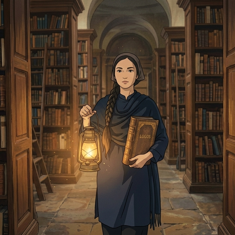 밤에 로고스 책을 들고 램프를 든 사서