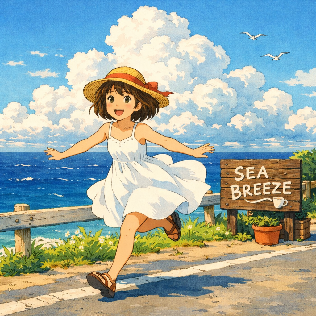 지브리 스타일로 바닷가를 달리는 소녀와 씨댄스(Sea Breeze) 간판
