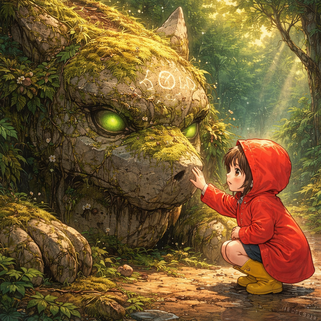 빨간 우비를 입은 소녀가 수호석 짐승을 발견하다