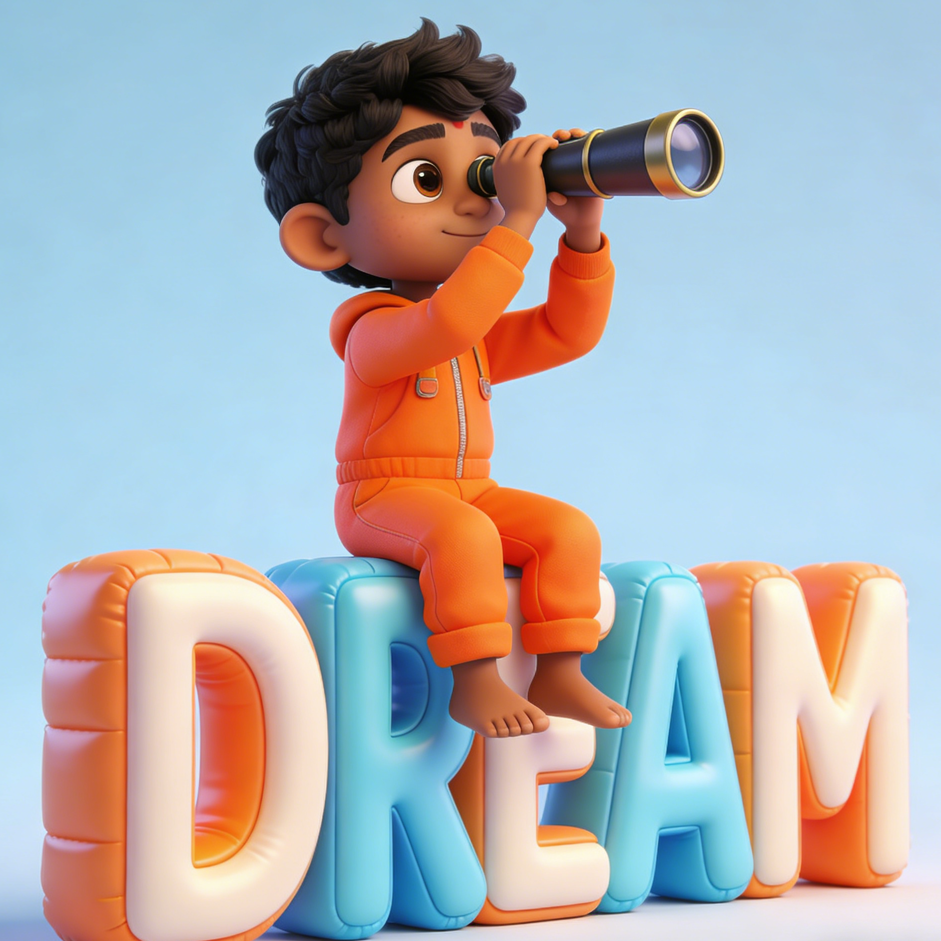 풍선 Dream 글자 위에 앉아 있는 어린이 캐릭터가 있는 3D 마스코트 그래픽