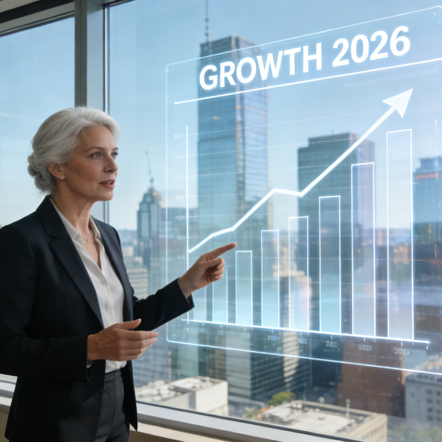 도시 스카이라인 위로 성장 2026 차트가 보이는 비즈니스 그래픽 장면