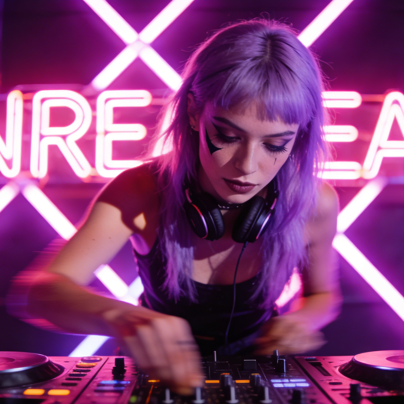 빛나는 간판 앞에서 공연하는 보라색 머리 DJ가 있는 네온 음악 캠페인 비주얼