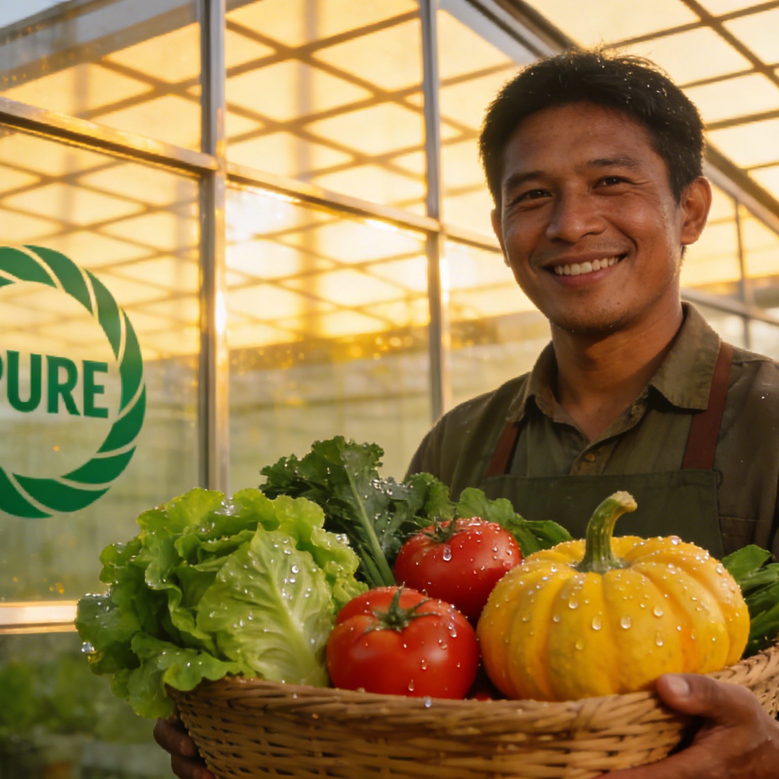 웃는 농부가 채소 바구니를 들고 있는 브랜드 유기농 농산물 캠페인 이미지