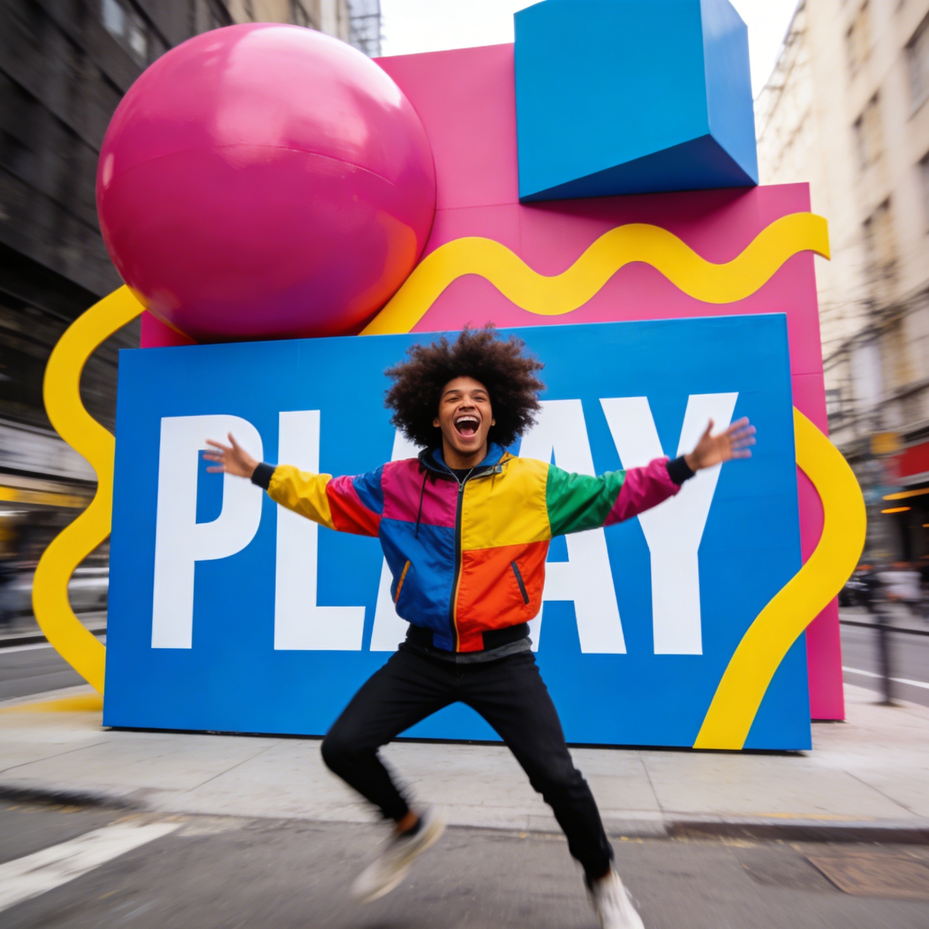 과장된 'Play' 타이포그래피와 다채로운 기하학적 형태로 이루어진 밝은 도시 그래픽 설치물