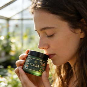 따뜻한 온실 조명 아래 플로라 병이 담긴 제품 포장 컨셉