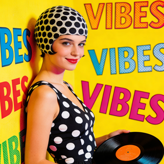 반복되는 Vibes 타이포그래피와 밝은 포스터 색상이 어우러진 레트로 패션 스타일 그래픽