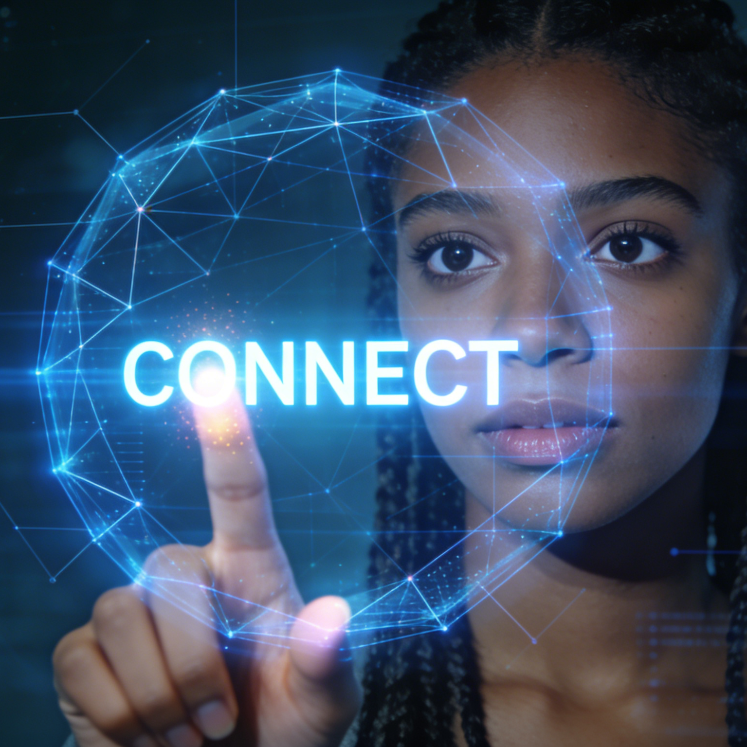빛나는 Connect 인터페이스를 터치하는 사람의 미래 지향적인 기술 시각 자료