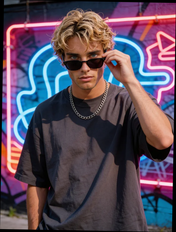 Editorial AI male portrait with neon and graffiti