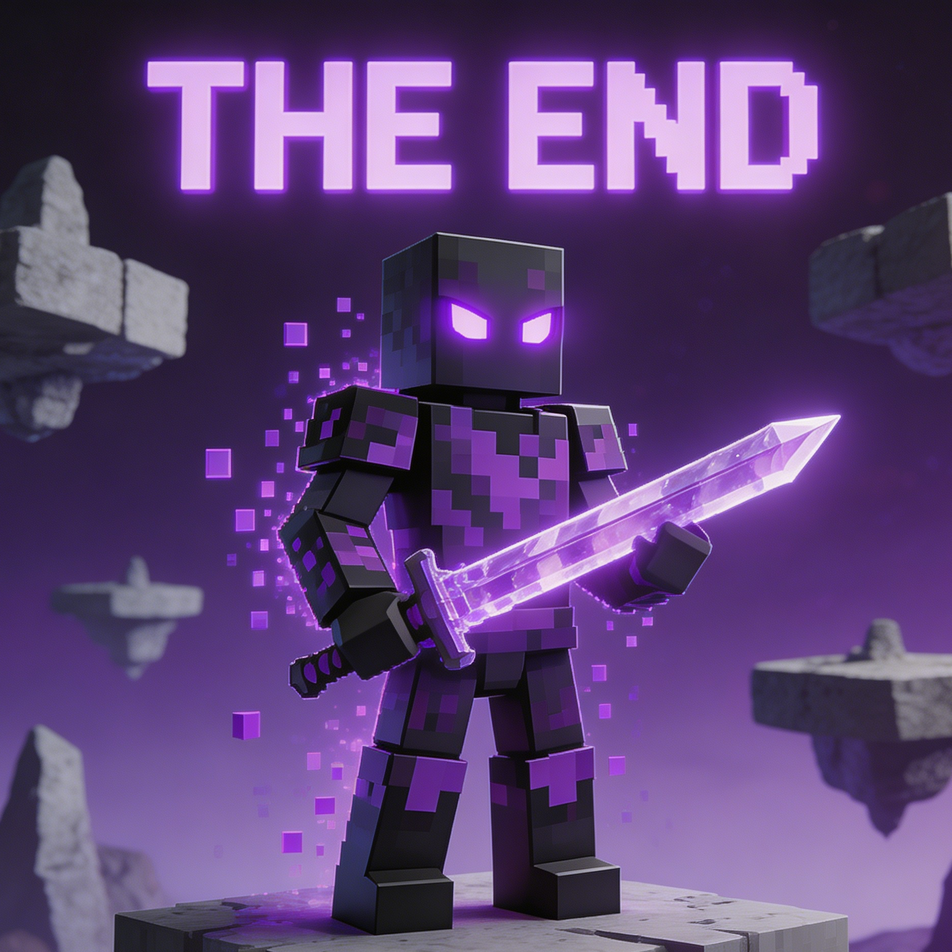 Uma skin de cavaleiro com tema do Fim, apresentando uma espada roxa e o céu do Fim