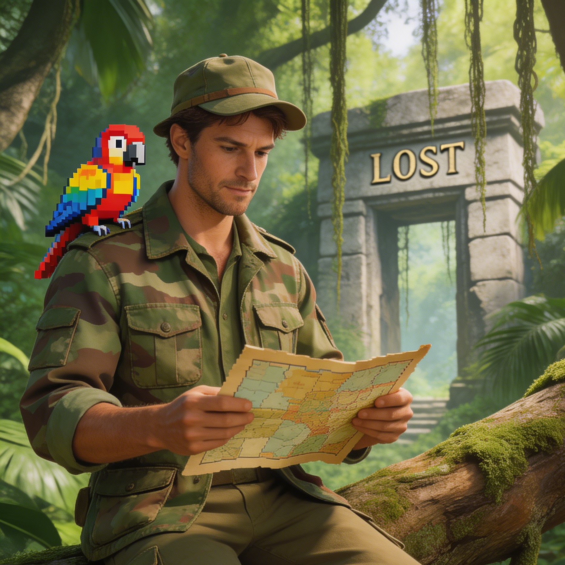 Uma skin de explorador da selva com um papagaio perto de um portão antigo perdido