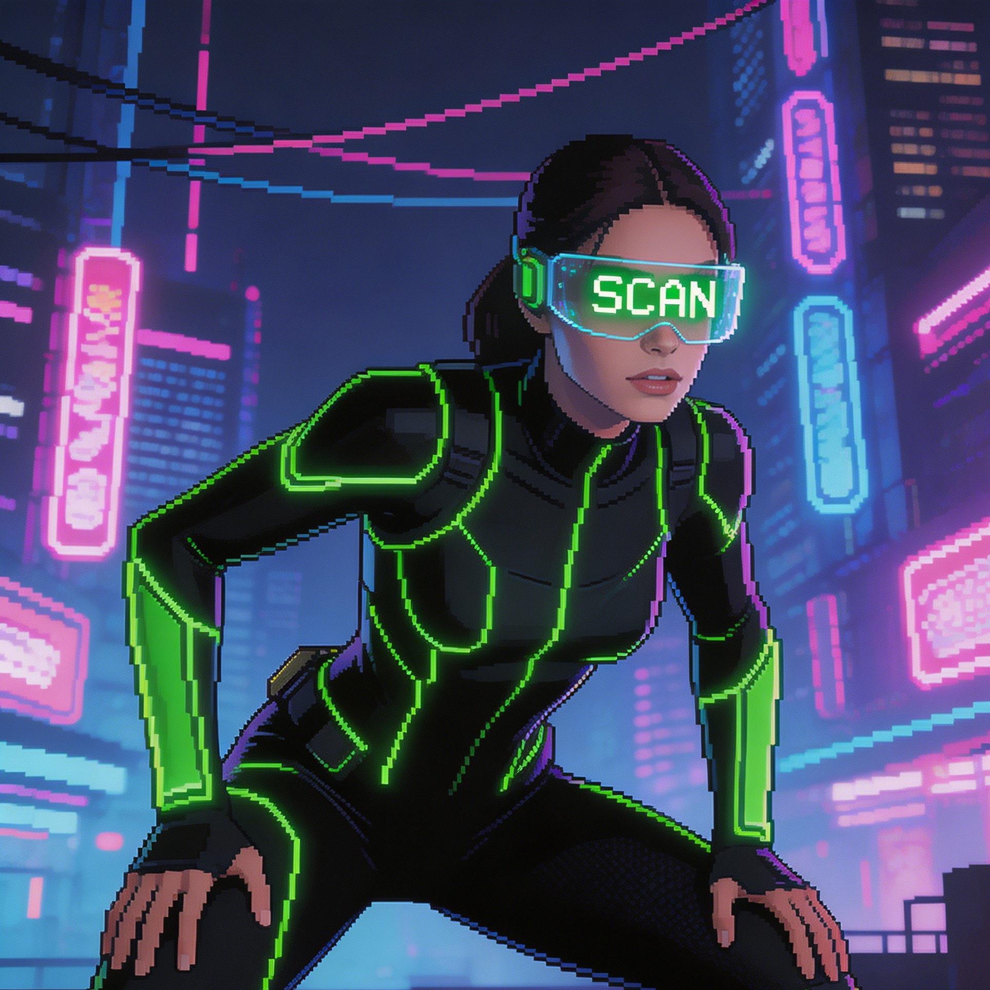 Uma skin de assassino neon com um visor SCAN em uma cidade cyberpunk