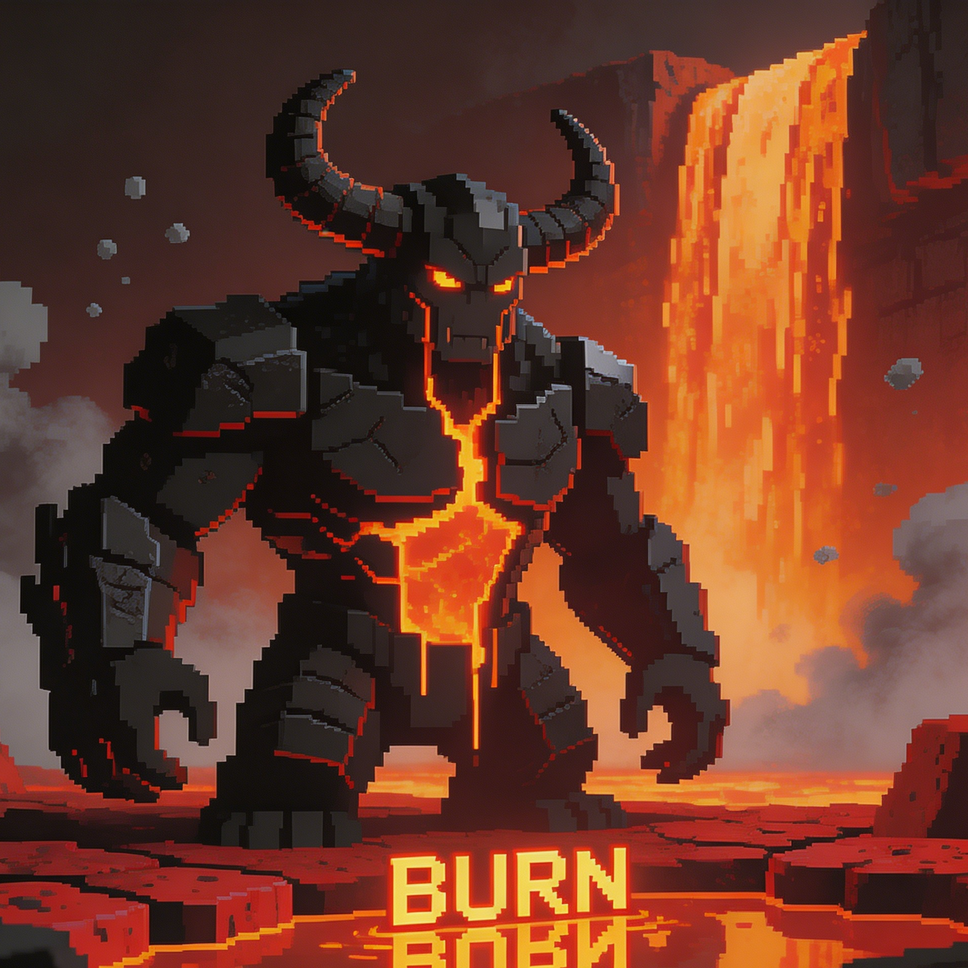 Uma skin de demônio de lava no Nether com QUEIMAR refletido no magma