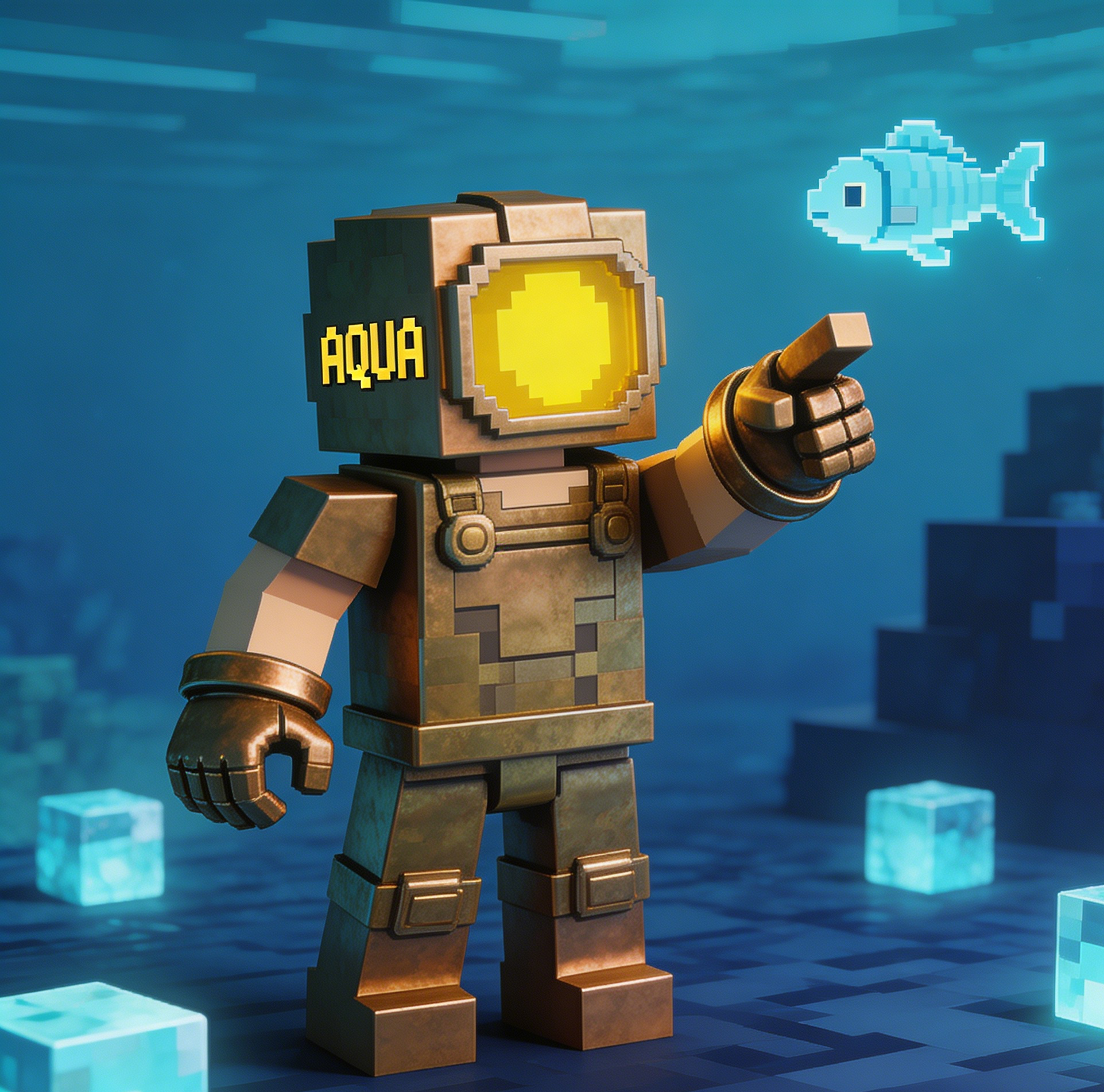 Uma skin de mergulhador do Minecraft sobre blocos oceânicos com o texto AQUA