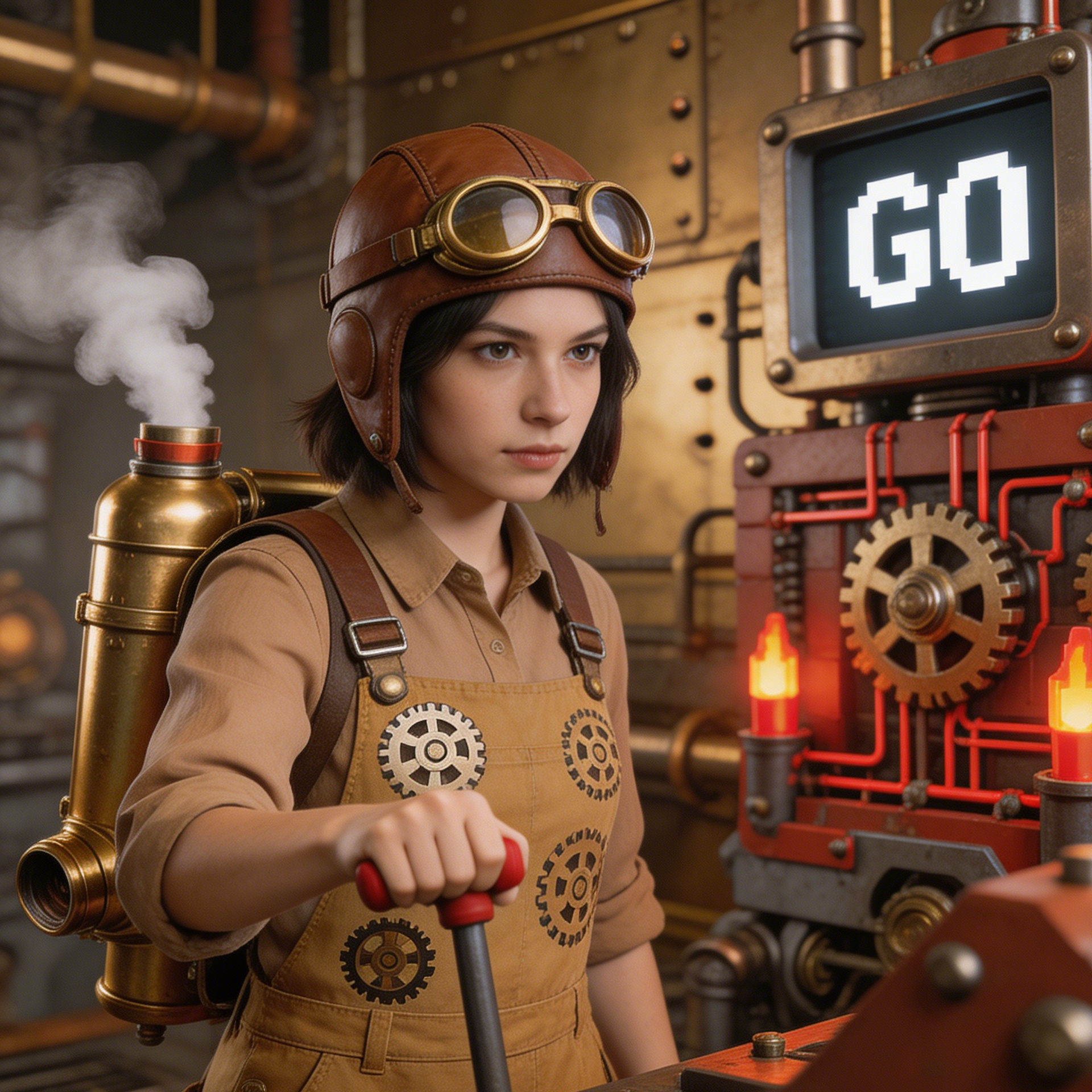 Skin de engenheiro steampunk ao lado de uma máquina de redstone com o texto IR