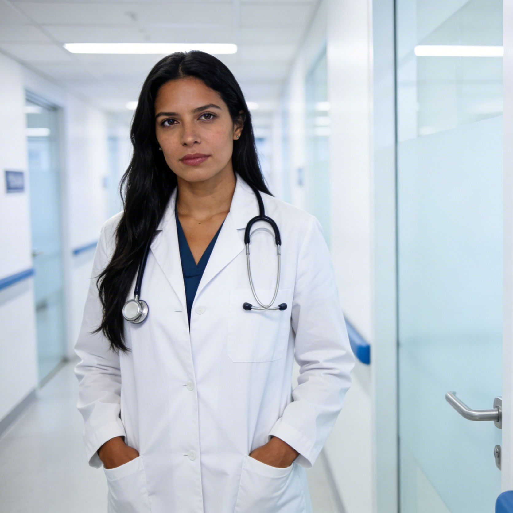 A female doctor in a white coat standing in a clinical hallway near a Care Unit sign