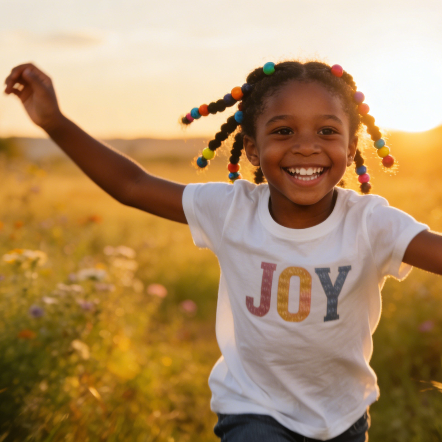A laughing child in a Joy shirt running through a sunlit field at sunset
